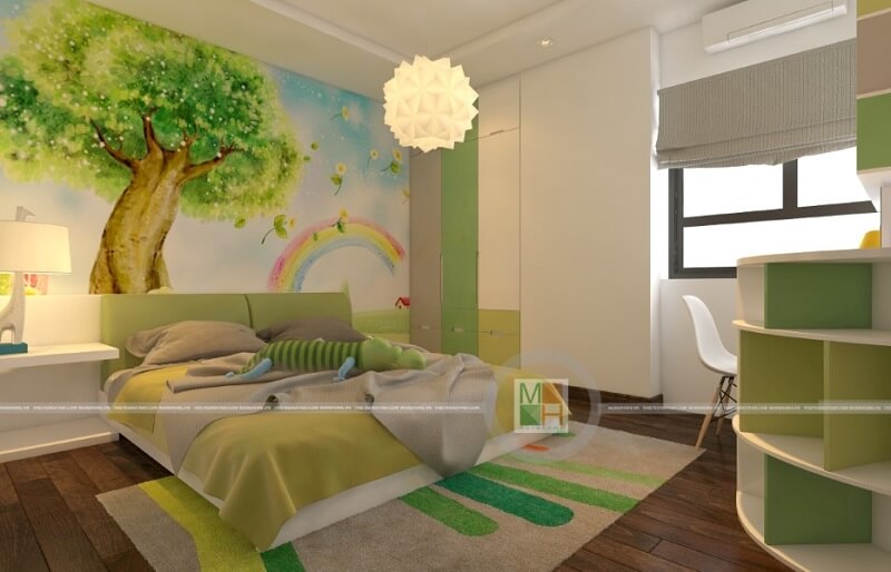 Mẫu thiết kế phòng ngủ trẻ con độc đáo với tông màu xanh chủ đạo.