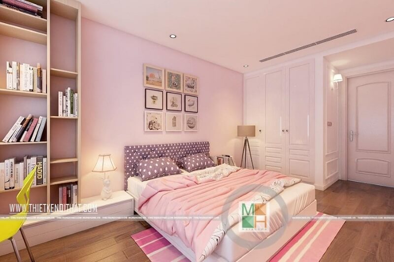Mẫu thiết kế phòng ngủ bé gái đẹp với tông màu hồng chủ đạo kết hợp đồ nội thất nhỏ gọn tiện nghi: tủ quần áo âm tường, kệ sách treo, giường ngủ nhỏ nhắn,.. được nhiều gia chủ yêu thích và hướng đến.