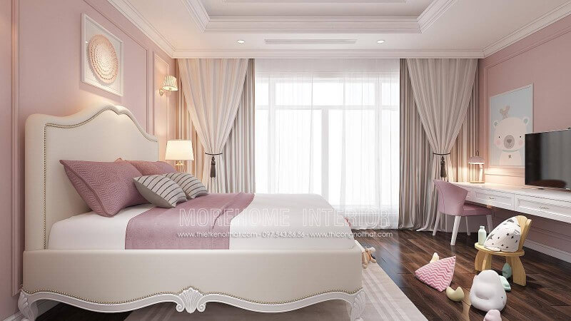 Thiết kế bố trí nội thất phòng ngủ bé gái với tông màu hồng hiện đại, sang chảnh