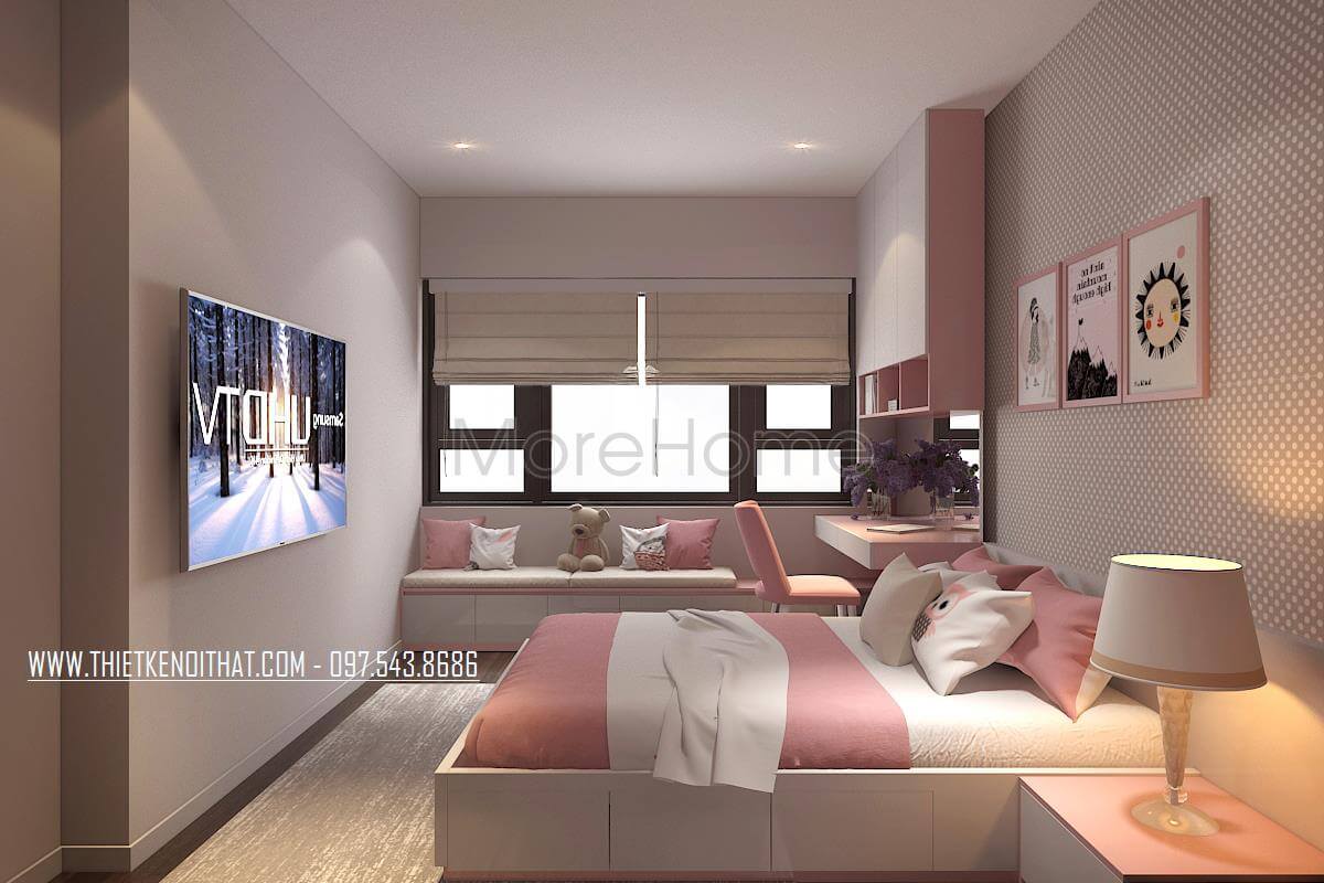 Thiết kế nội thất phòng ngủ bé gái đáng yêu với mẫu đồ nội thất có gam màu hồng trắng.
