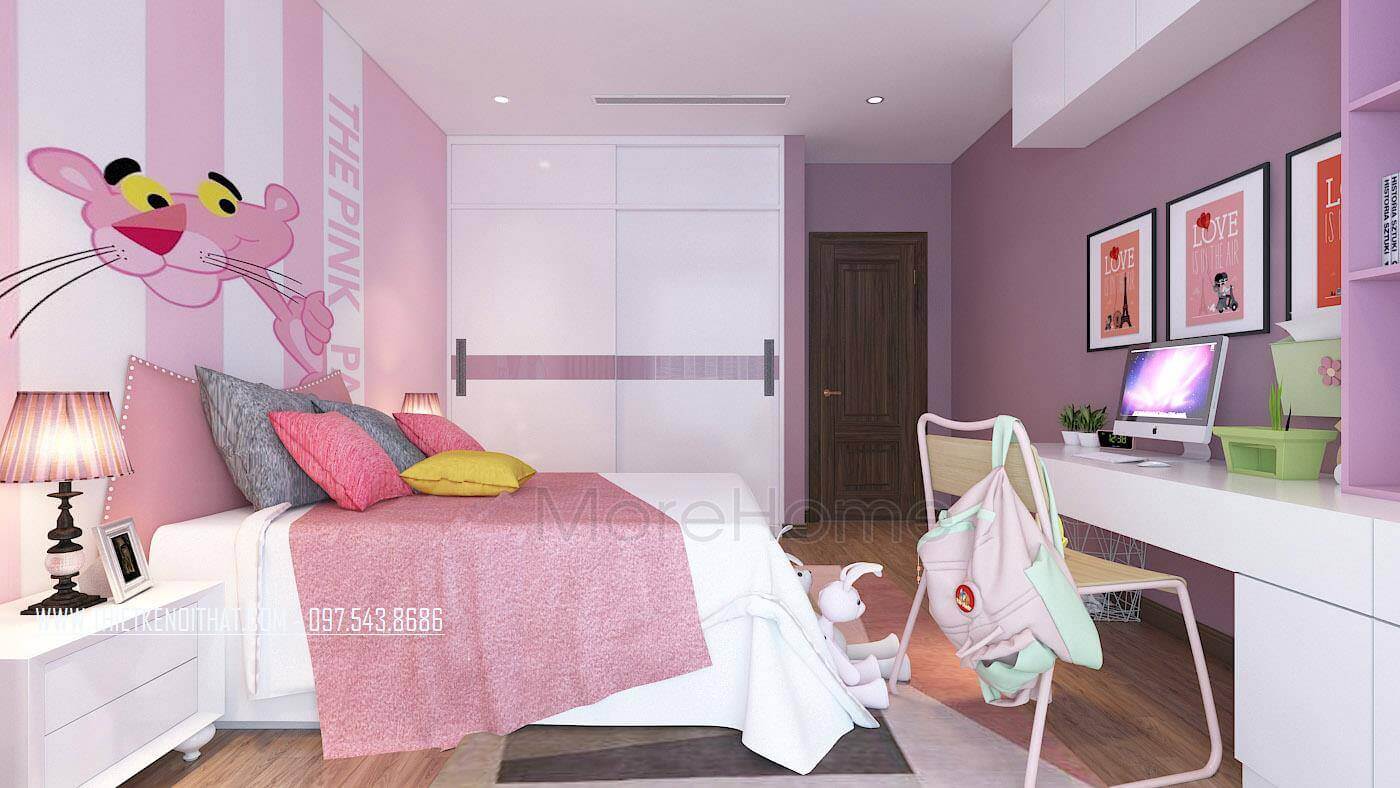 Thiết kế nội thất phòng ngủ bé gái với tông màu hồng nhẹ nhàng, nữ tính