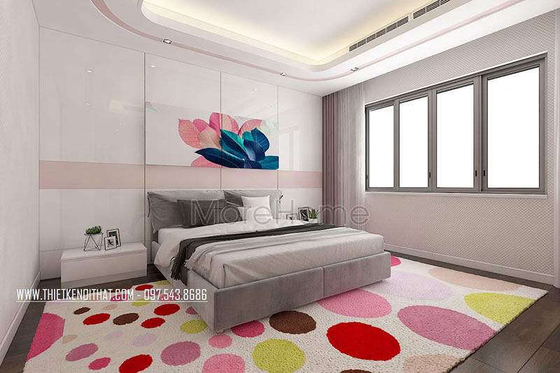 Thiết kế nội thất phòng ngủ bé gái với tông màu trắng- hồng chủ đạo tạo nên không gian phòng nhẹ nhàng, dễ thương