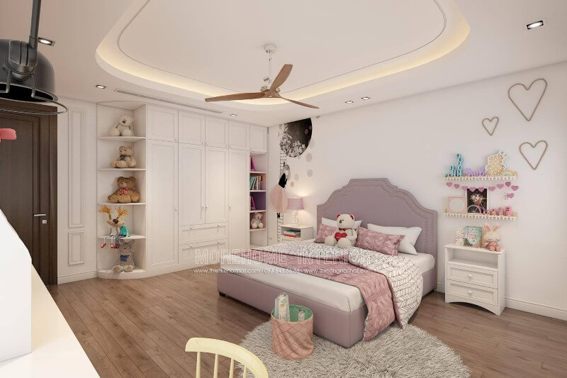 Thiết kế nội thất phòng ngủ bé gái với tông màu trắng hồng dễ thương, hiện đại