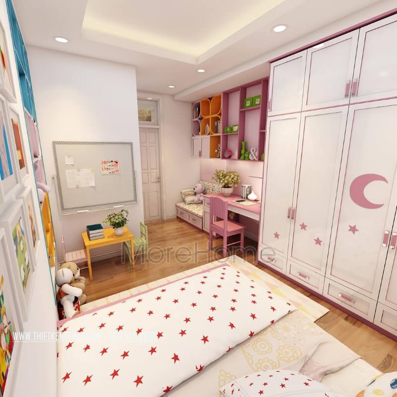 Thiết kế nội thất phòng ngủ cho bé gái với tông hồng nổi bật giúp khơi gợi sự tò mò và hứng thú cho trẻ