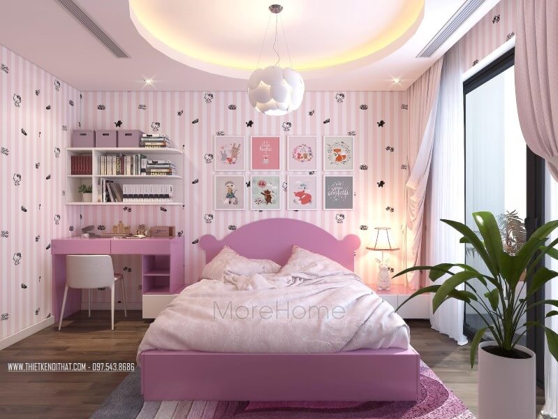 Thiết kế nội thất phòng ngủ cho bé gái với tông màu hồng chủ đạo nhẹ nhàng nữ tính