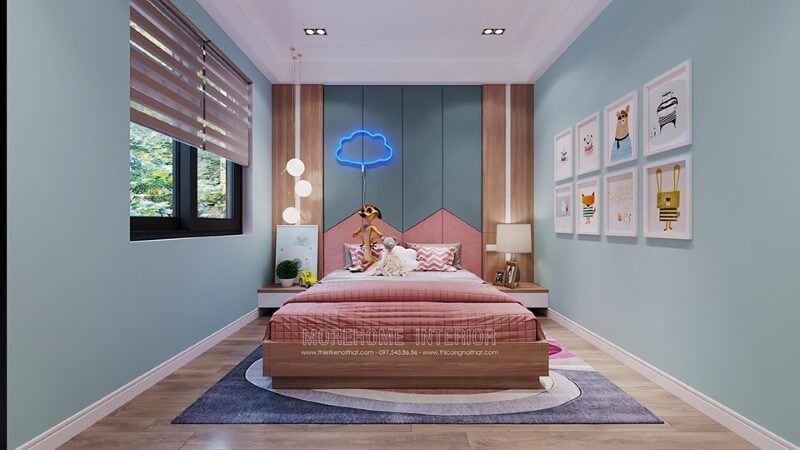 Thiết kế nội thất phòng ngủ của bé gái với chất liệu gỗ công nghiệp cao cấp mang lại sự hiện đại, cảm giác nhẹ nhàng khi sử dụng