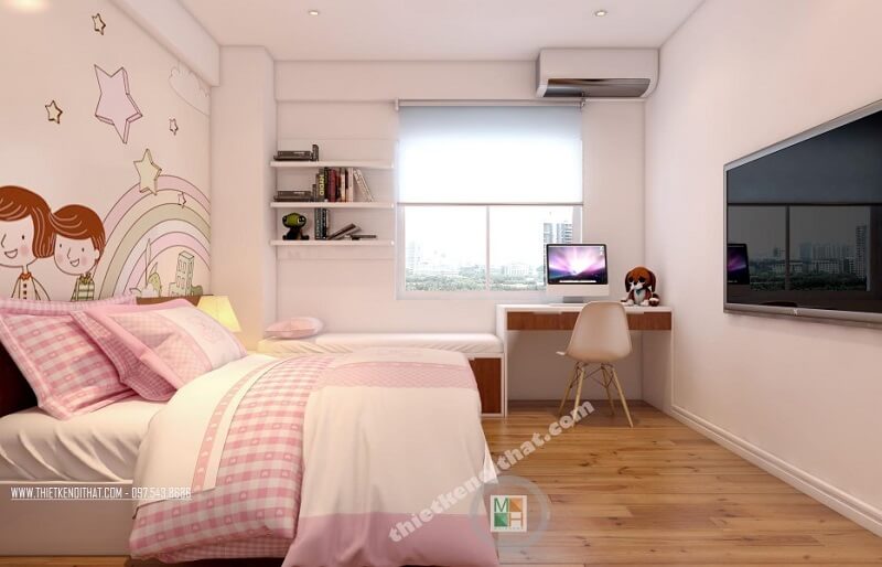 Mẫu thiết kế phòng ngủ bé gái hiện đại màu hồng với đồ nội thất nhỏ gọn tiện nghi