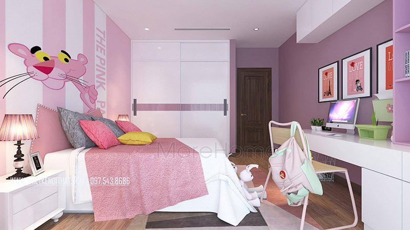 Thiết kế nội thất phòng ngủ bé gái sử dụng chất liệu gỗ công nghiệp với gam màu hồng phấn đáng yêu