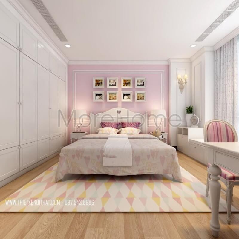 Trang trí nội thất phòng ngủ công chúa tại chung cư cao cấp với gam màu hồng phấn đóng vai trò chủ đạo