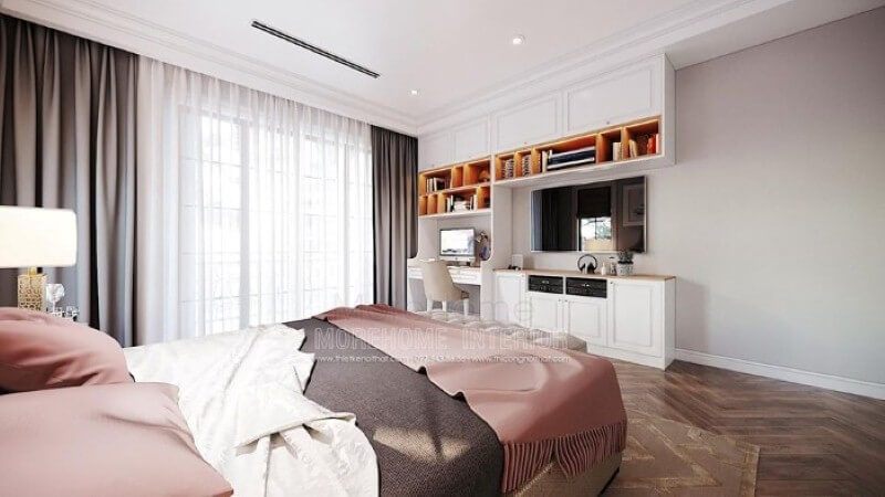 Thiết kế nội thất góc học tập trong phòng ngủ của cô gái đẹp theo phong cách hiện đại.